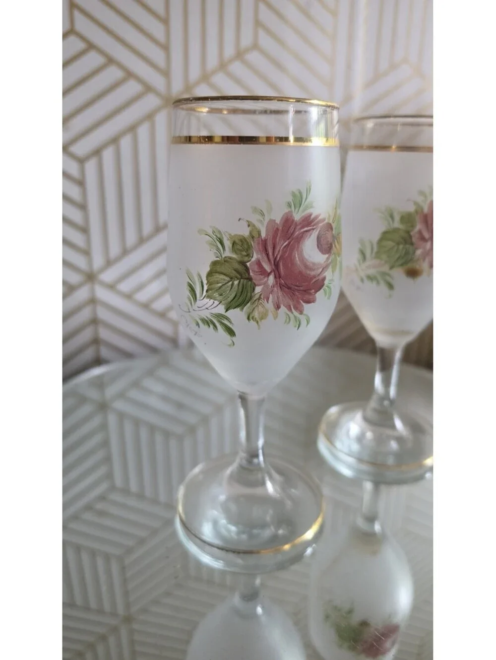 Vintage Interpur Handpainted Rose Frosted Wine Glass Pair 6 5/8”